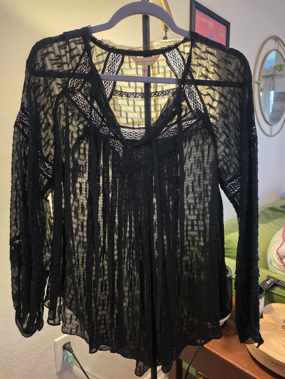 Rebecca Taylor Black Sheer Lace-Trim Long-Sleeve Top